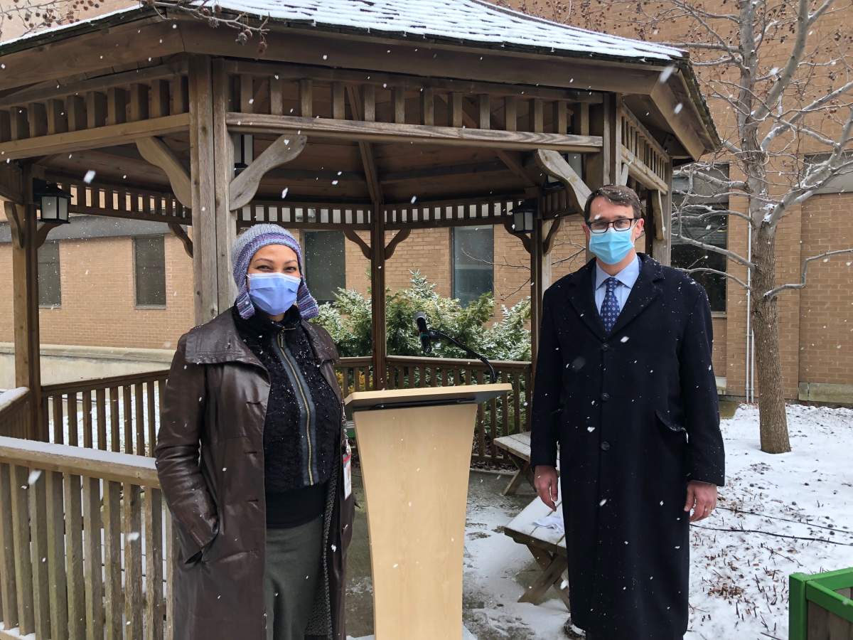 LHSC president and CEO Dr. Jackie Schleifer Taylor and Lambton—Kent—Middlesex MPP Monte McNaughton during an announcement in London on March 11, 2022.
