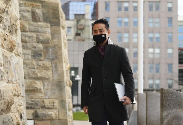 Member of Parliament Kevin Vuong arrives for the start of 44th session of Parliament on Parliament Hill in Ottawa on Monday, Nov. 22, 2021. Vuong, the independent MP, says he is co-operating fully with the Navy which has charged him for failing to disclose he was charged with sexual assault in 2019.
