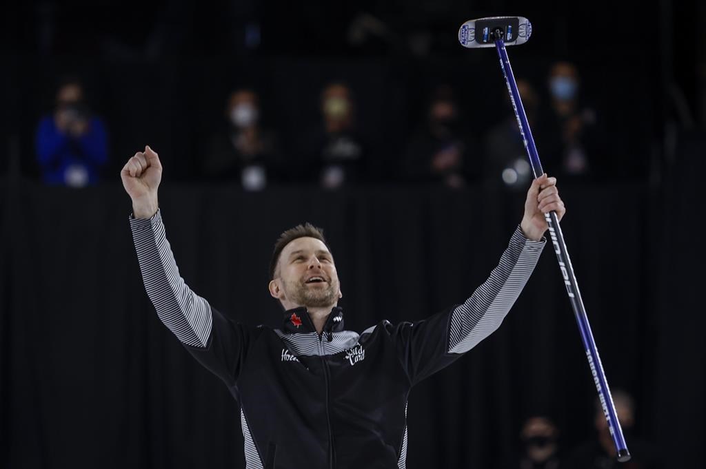 Team Wild Card One skip Brad Gushue celebrates his win after defeating Team Alberta during finals action at the Tim Hortons Brier in Lethbridge, Alta., Sunday, March 13, 2022.