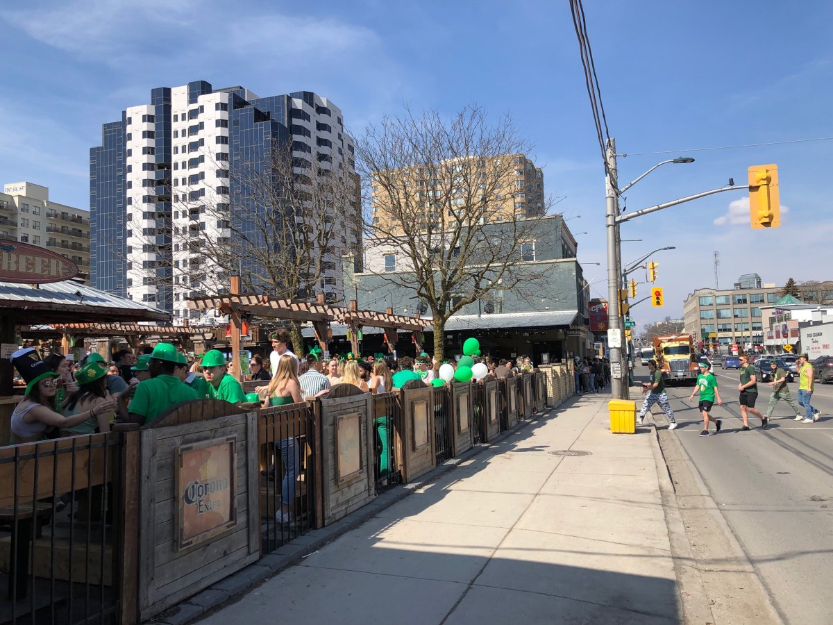 A packed Barney's patio along Richmond Row in London, Ont., on St. Patrick's Day 2022.
