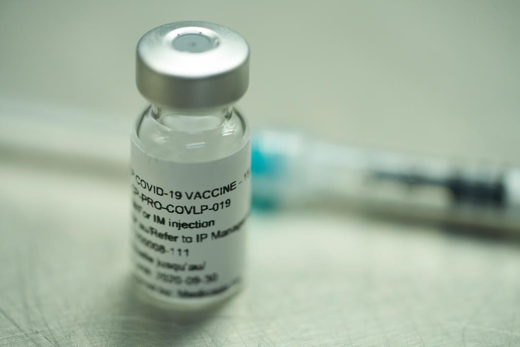 A vial of a plant-derived COVID-19 vaccine candidate, developed by Medicago, is shown in Quebec City on Monday, July 13, 2020 as part of the company’s Phase 1 clinical trials in this handout photo.
