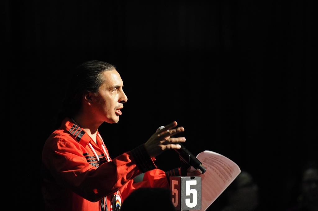 Arlen Dumas, Grand Chief of the Manitoba Assembly of Chiefs, speaks during the Assembly of First Nations' 38th annual general meeting Regina, Thursday, July 27, 2017. Dumas was suspended from his position last week after a senior staff member filed a formal complaint against him. 