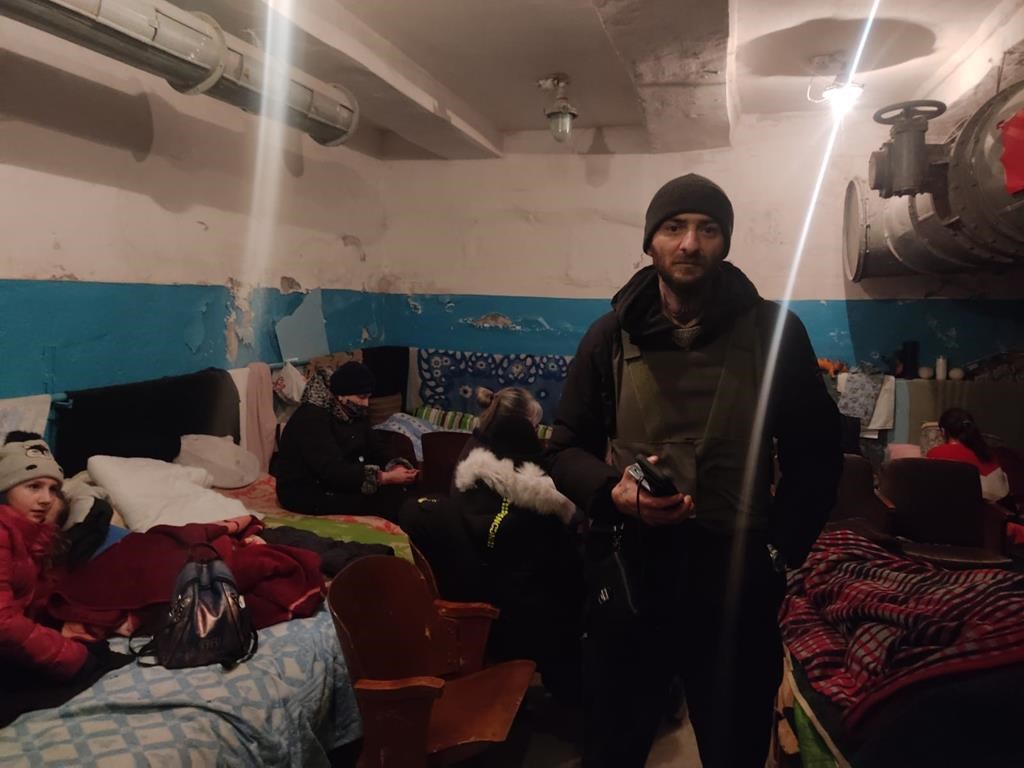 Lex Brukovskiy is pictured as he takes refuge in a bomb shelter in the city of Chernihiv, Ukraine, in an undated handout photo. Brukovskiy, a Canadian lobster fisherman, who is attempting to drive Ukrainian war refugees to safety, says Russian shelling of roads around the city of Chernihiv has kept him trapped for three days as food and water is gradually diminishing. 