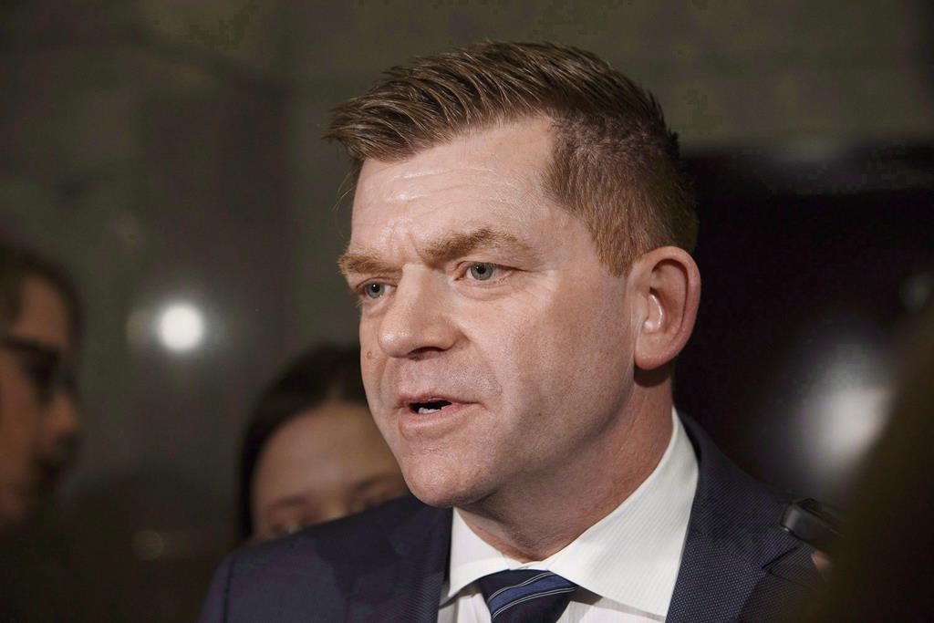 Brian Jean speaks to reporters at the Alberta legislature in Edmonton on Monday, March 20, 2017. Jean, a rival to Alberta Premier Jason Kenney's leadership, says he fears a mail-in leadership vote will be rampant with cheating and fraud. 