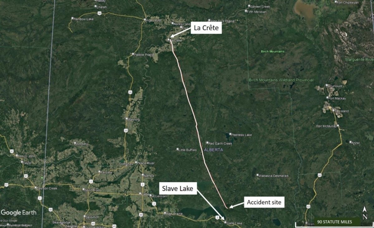 Transportation Safety Board map showing the flight track of a fatal plane crash near Slave Lake, Alta. on August 31, 2021.