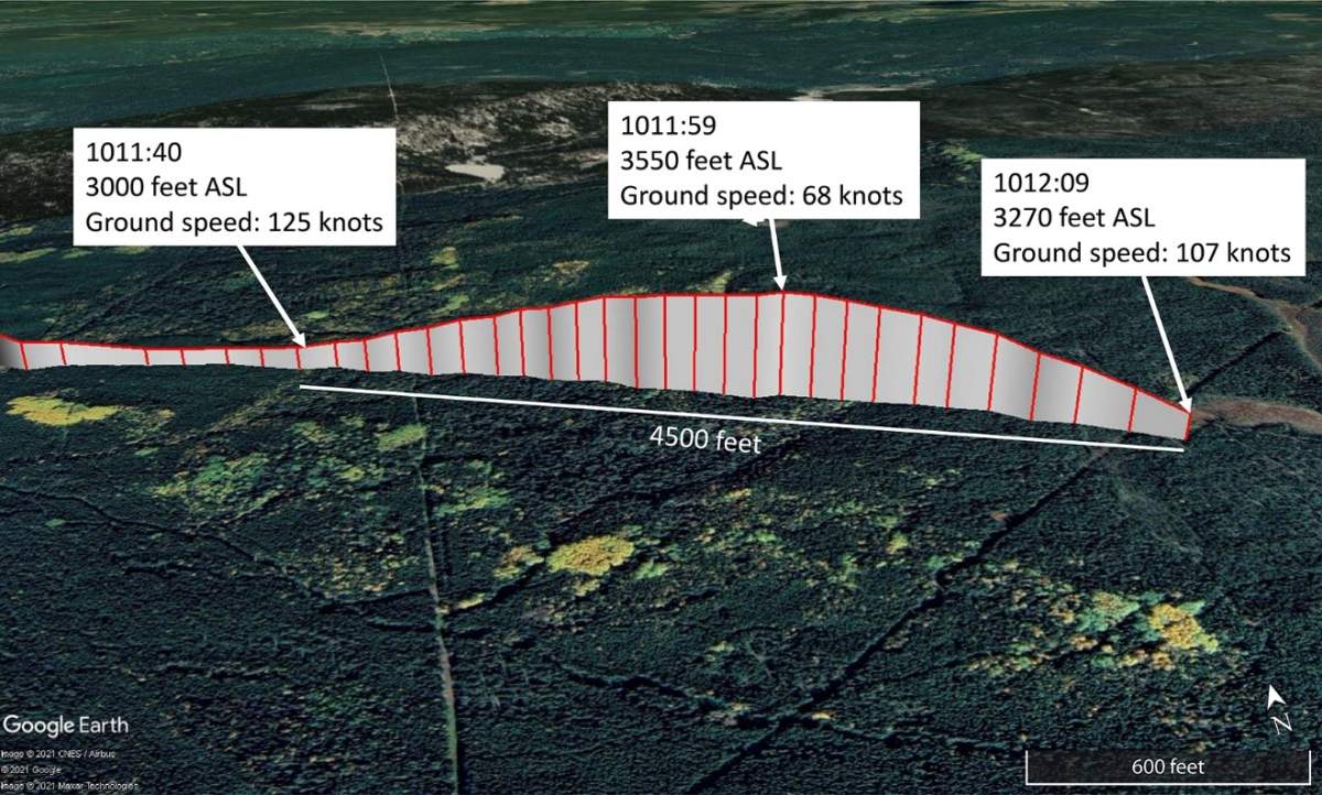 Transportation Safety Board aerial photo showing the flight path before the collision with terrain near Slave Lake, Alta. on August 31, 2021.