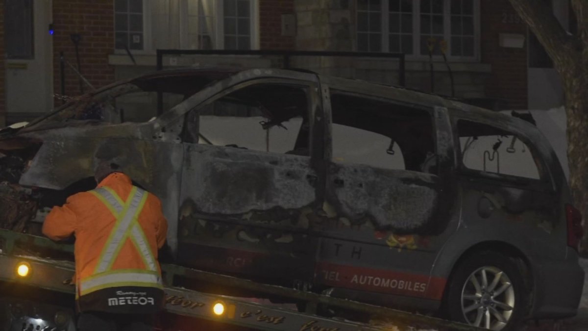 A vehicle was set on fire in Montreal's Saint-Laurent borough. Thursday, March 3, 2022.