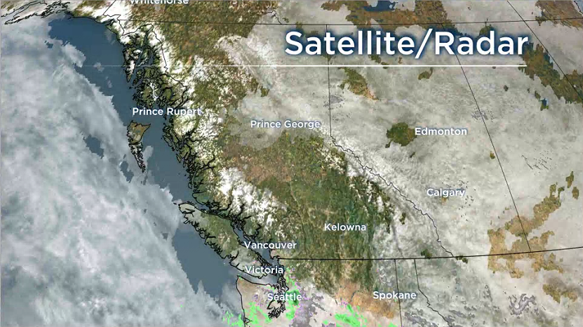A satellite view of B.C. on March 8, 2022. According to Environment Canada, the Okanagan will see sunny skies Tuesday and Wednesday, with clouds starting to move in Thursday.