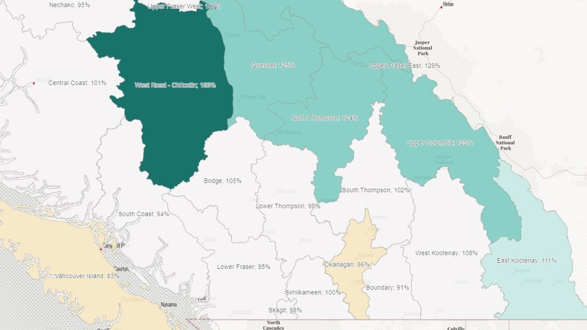 A map showing snowpack levels across southern B.C.
