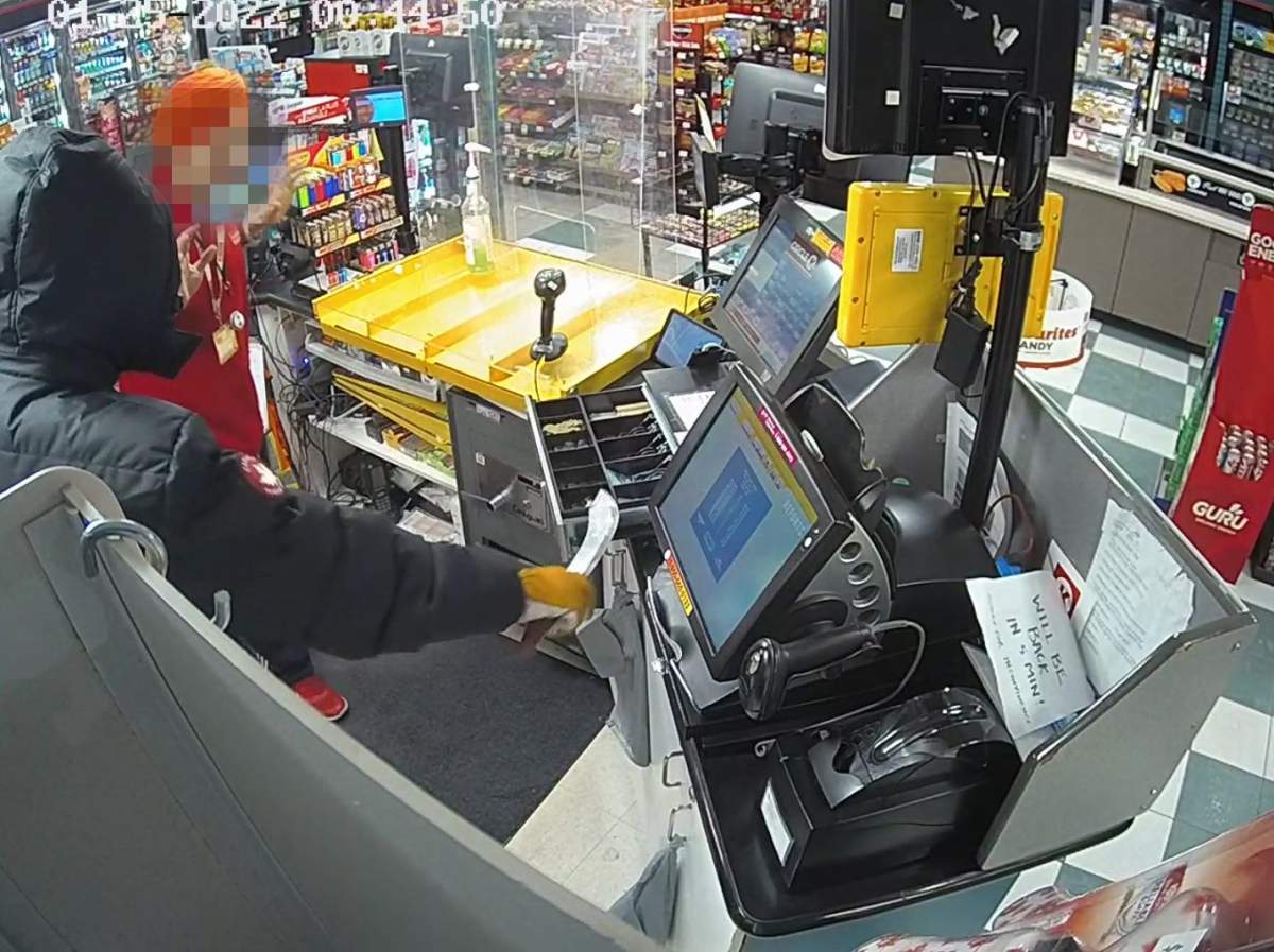 Surveillance video image of an armed robbery at a Circle K store near 182 Street and 89 Avenue in the Belmead neighbourhood on Jan. 25, 2022.