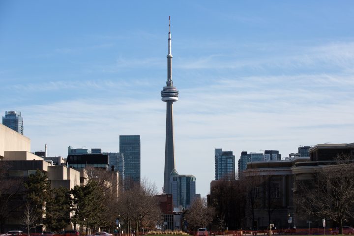 The CN tower seen through the skyline in Toronto, Ontario on Saturday, April 21, 2018. 