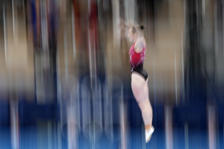 FILE - A Canadian gymnast performs in the women's trampoline gymnastics final at the 2020 Summer Olympics, Friday, July 30, 2021, in Tokyo. 