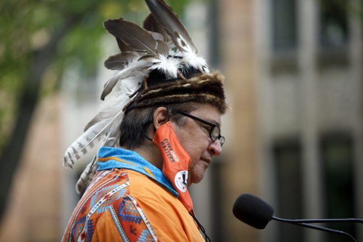 Chief Stacey LaForme,  Chief of the Mississaugas of the New Credit First Nation, speaks at an event to mark Canada’s first National Day for Truth and Reconciliation at Massey College in Toronto, Thursday,  Sept. 30, 2021. 