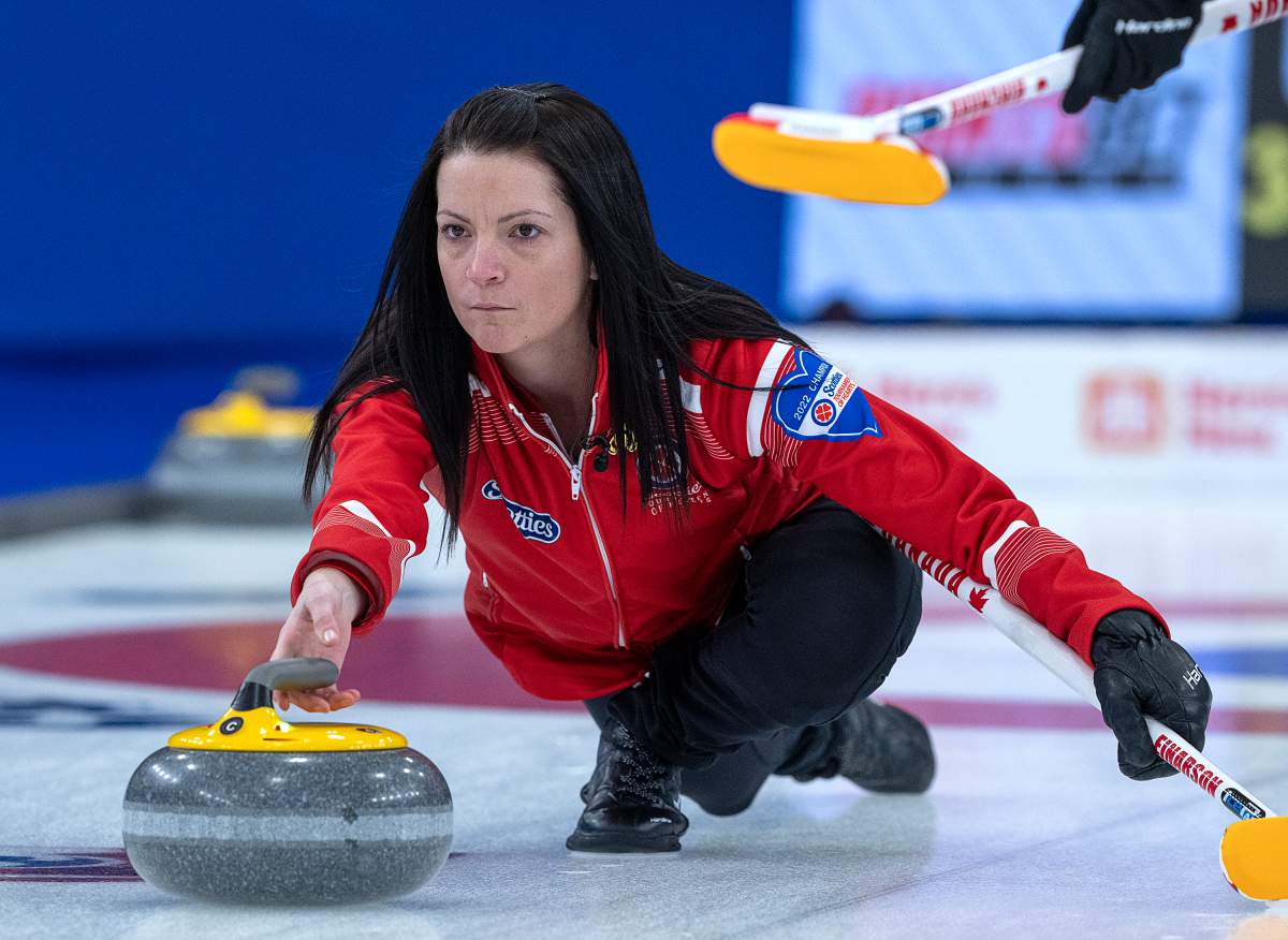 Team Canada skip Kerri Einarson releases a rock as they play Northern Ontario in championship action at the Scotties Tournament of Hearts at Fort William Gardens in Thunder Bay, Ont., Sunday, Feb. 6, 2022.