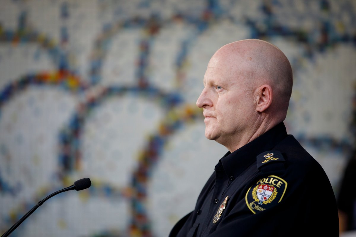 Ottawa interim police chief Steve Bell speaks to reporters during a press conference in Ottawa, Sunday, Feb. 20, 2022. 