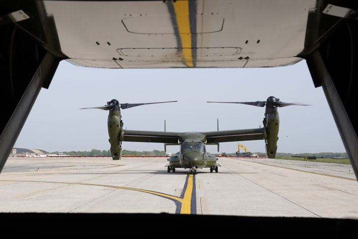 FILE - A U.S. Marine Corps Osprey aircraft taxies behind an Osprey carrying members of the White House press corps at Andrews Air Force Base, Md., on April 24, 2021. 