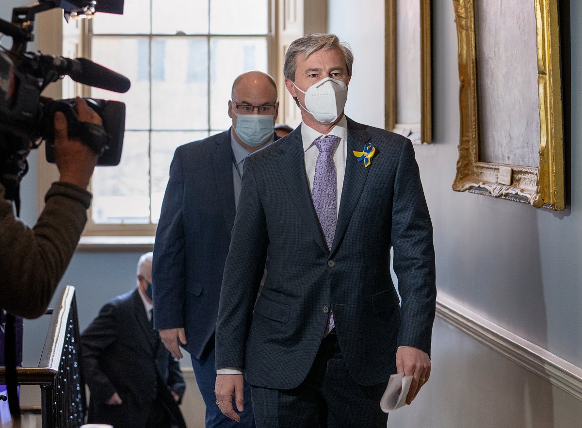 Premier Tim Houston arrives for the start of the spring session of the Nova Scotia legislature at Province House in Halifax on Thursday, March 24, 2022. 