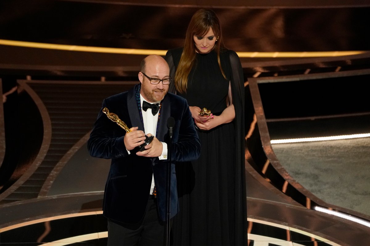 Patrice Vermette, left, and Zsuzsanna Sipos accept the award for best production design for "Dune" at the Oscars at the Dolby Theatre in Los Angeles, Sunday, March 27, 2022. 