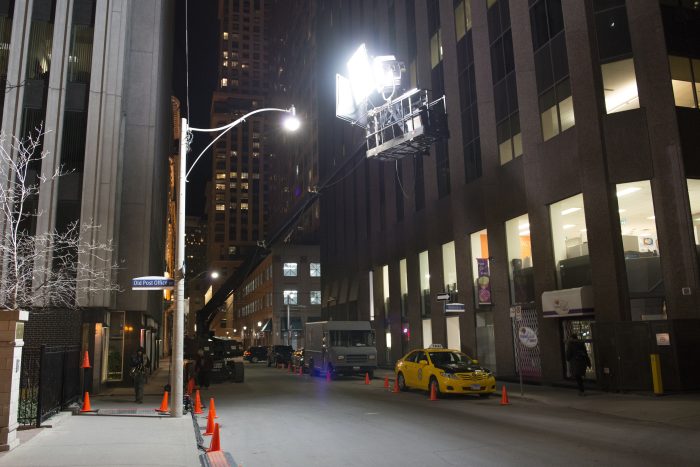 Lights are set up on a film set on a Toronto street on Wednesday, April 17, 2019.