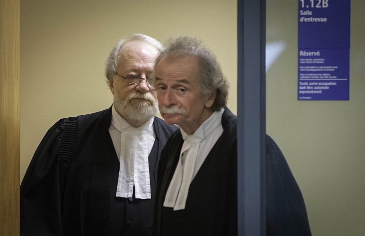Guy Poupart, right, and Pierre Poupart, lawyers representing Adele Sorella, leave a consulting room at the courthouse in Laval, Que., on Tuesday, January 29, 2019. 