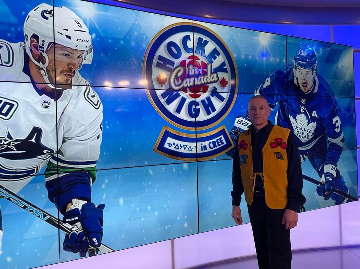 A northern Saskatchewan man from Canoe Lake is back to broadcasting the Hockey Night in Canada in Cree.