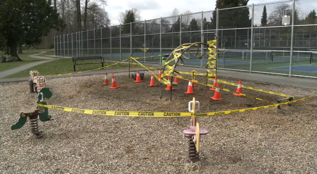 Police in Delta, B.C. have roped off the playground at Chalmers Park on 76A Avenue after a suspicious fire was lit on Sat. March 5, 2022.