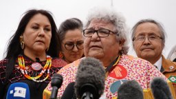 Chief Marie-Anne Day Walker-Pelletier of Okanese First Nation speaks in front of St. Peter's Square after meeting Pope Francis with her fellow First Nations delegates on Thurs. March 31, 2022.