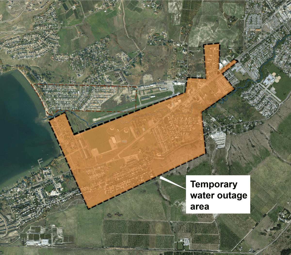 A map showing the one-day water outage for Vernon’s Okanagan Landing area on April 5, 2022.