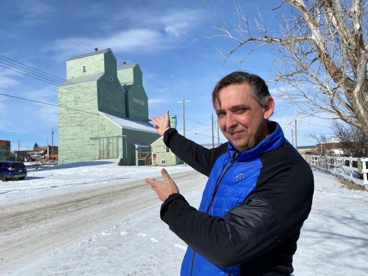 Leo Wieser with the Nanton grain elevators that are being lit up to show support for Ukraine