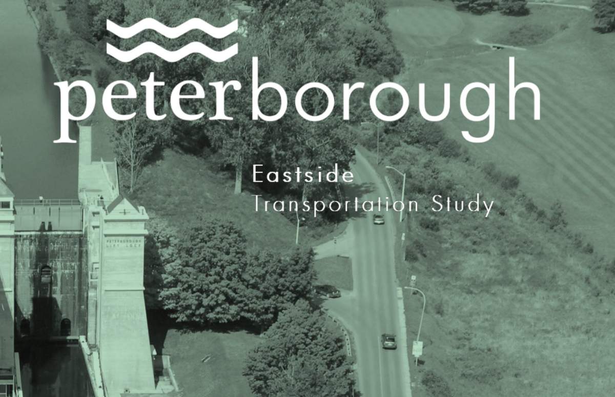 Cover of the Eastside Transportation study focusing on future road and bridge networks in the east end of Peterborough.