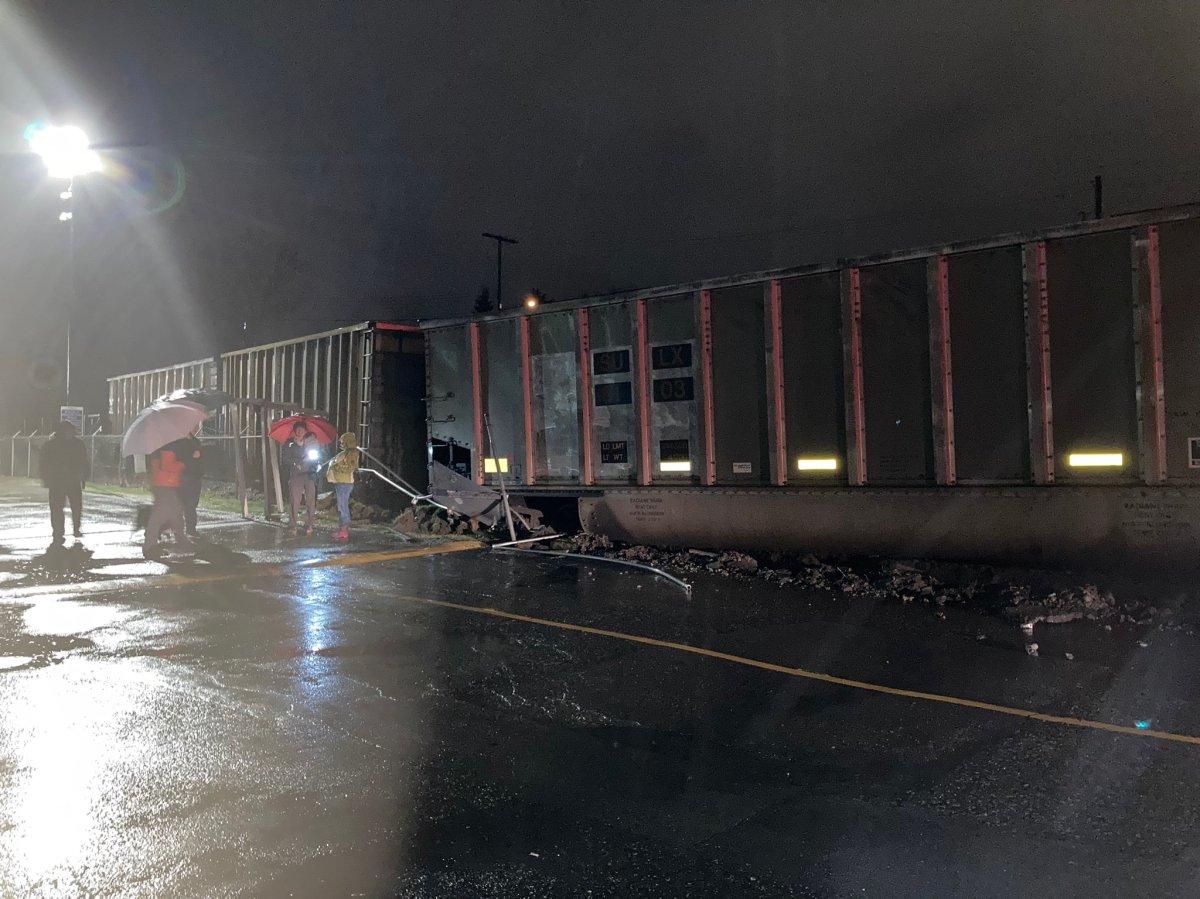 No fires or injuries were reported after two CN Rail train cars derailed in North Vancouver on March 20, 2022.