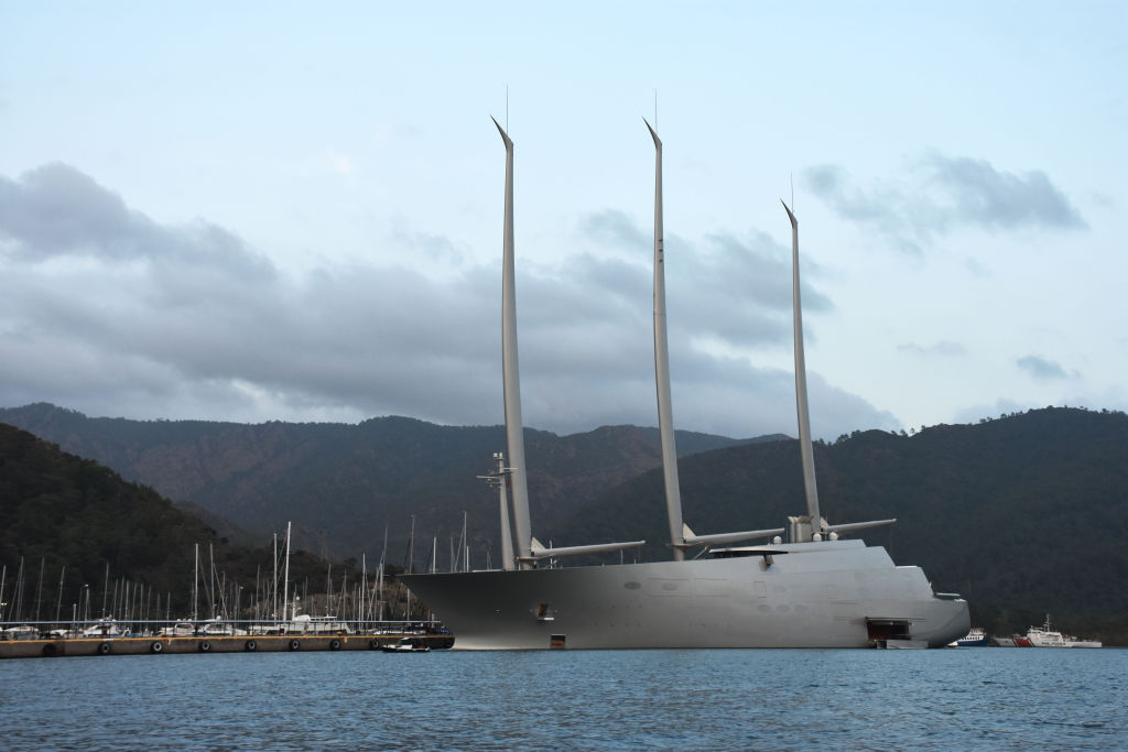 The "SY A" yacht, owned by Russian billionaire Andrey Melnichenko as it refuels by a tanker in Mugla, Turkiye.