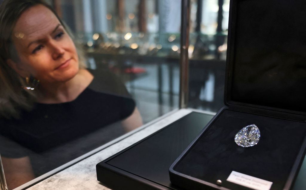 A giant diamond nicknamed "The Rock" on display at Christie's auction house in Dubai.