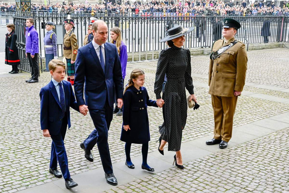 Prince George of Cambridge, Prince William, Duke of Cambridge, Princess Charlotte of Cambridge and Catherine, Duchess of Cambridge at the Service Of Thanksgiving For The Duke Of Edinburgh at Westminster Abbey on March 29, 2022 in London, England.