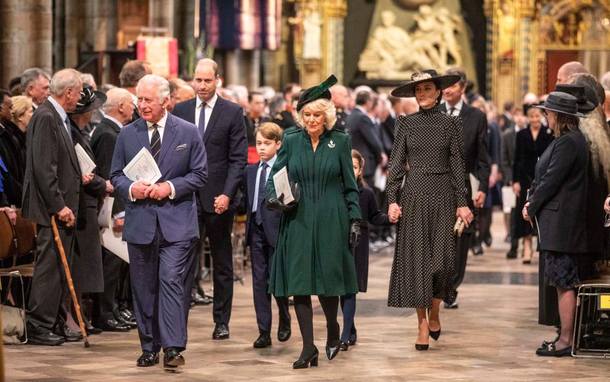 (L-R) Prince Charles, Prince of Wales, Prince William, Duke of Cambridge, Prince George of Cambridge, Camilla, Duchess of Cornwall, Princess Charlotte of Cambridge and Catherine, Duchess of Cambridge leave Westminster Abbey following the Service of Thanksgiving for the Duke of Edinburgh on March 29, 2022 in London, England.