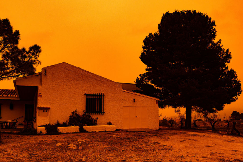 A sky with reddish tones due to the arrival of Saharan dust, on 14 March, 2022 in Navares, Caravaca de la Cruz, Murcia, Spain.