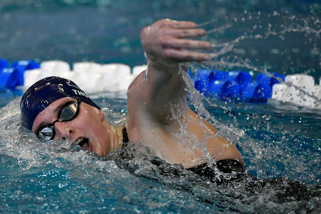 Lia Thomas swims to victory in the 500-yard freestyle during the 2022 NCAA Division I Women's Swimming & Diving Championship at the McAuley Aquatic Center.