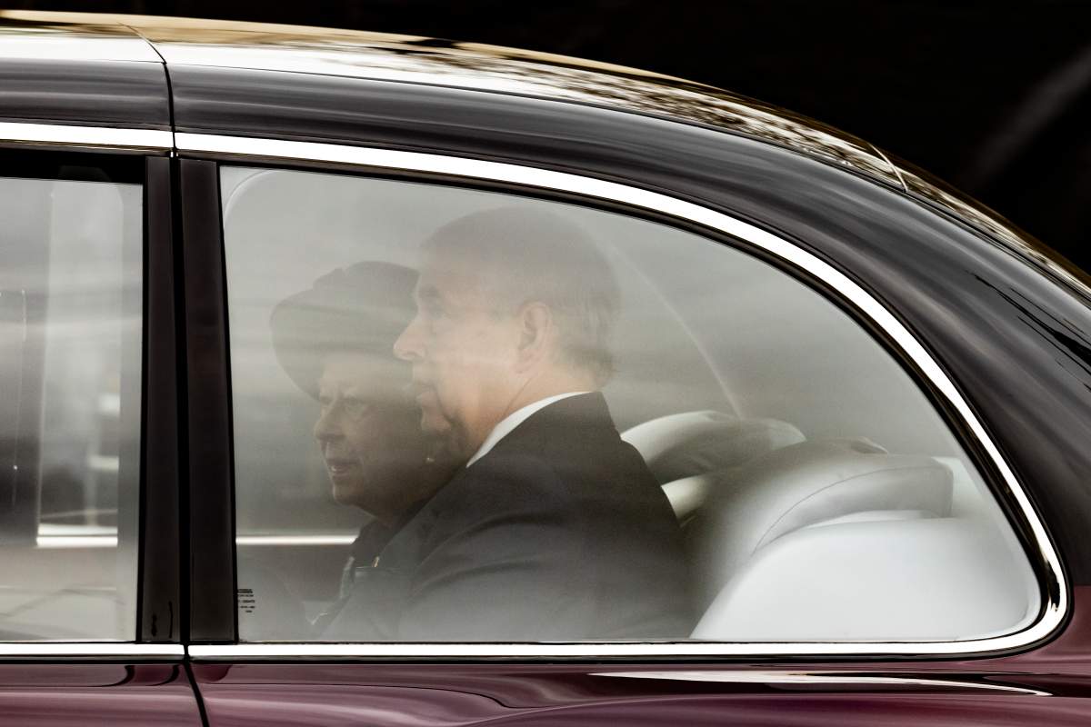 Queen Elizabeth II and Prince Andrew, Duke of York leave after attending the Thanksgiving service for the Duke of Edinburgh at Westminster Abbey on March 29, 2022 in London, England.
