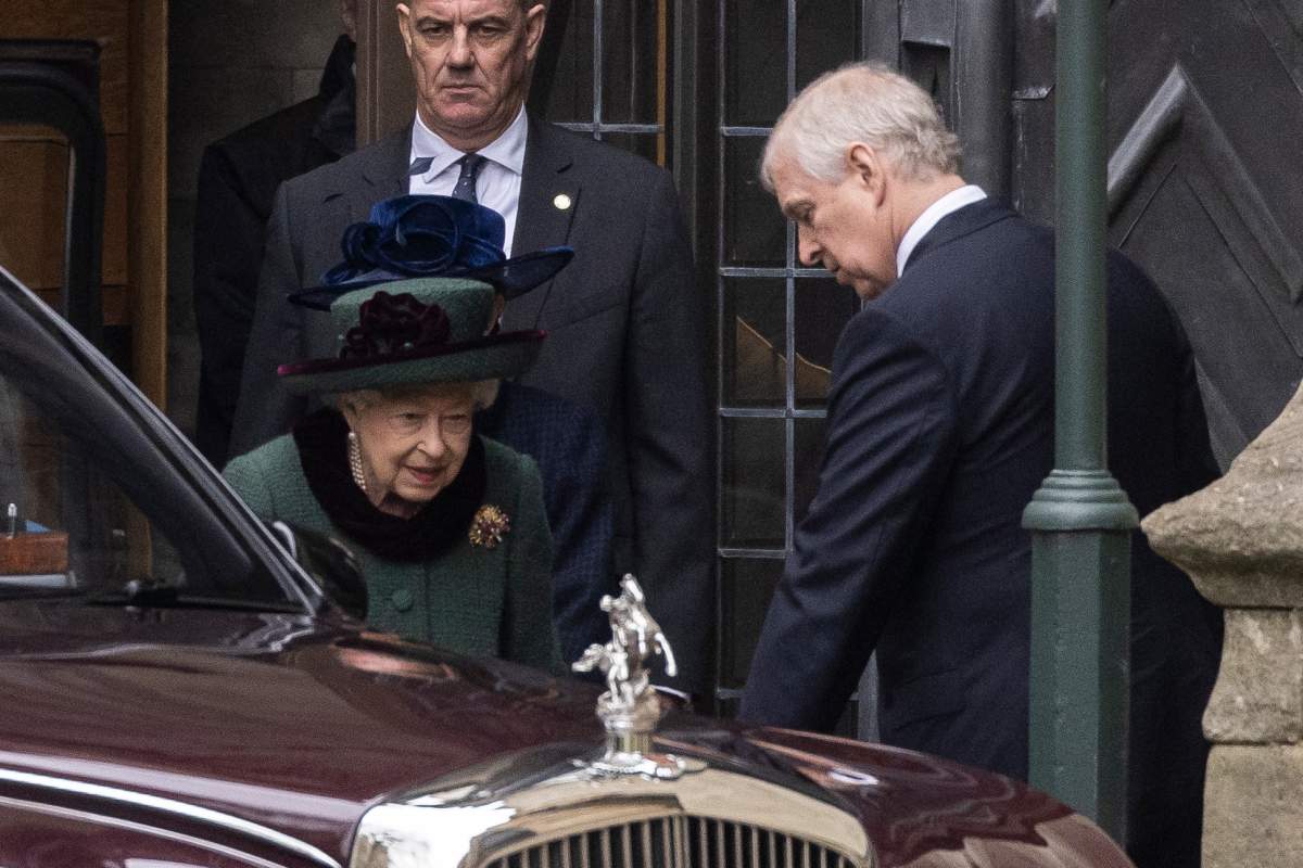 Queen Elizabeth II and Prince Andrew, Duke of York leave after attending the Thanksgiving service for the Duke of Edinburgh at Westminster Abbey on March 29, 2022 in London, England.
