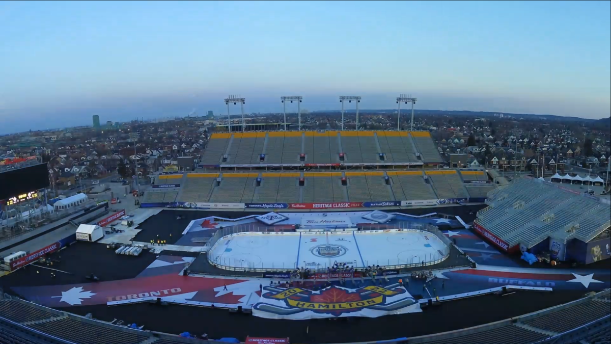 A shot of Hamilton's Tim Horton's field Thursday March 3, 2022 ahead of an outdoor game between the Toronto Maple Leafs and the Buffalo Sabres set for Sunday.
