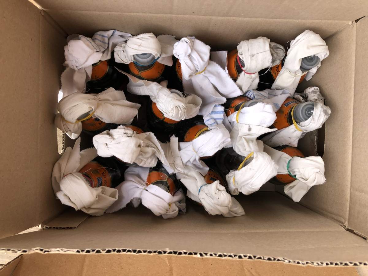 Box of Molotov cocktails, Lviv, Ukraine, March 7, 2022.
