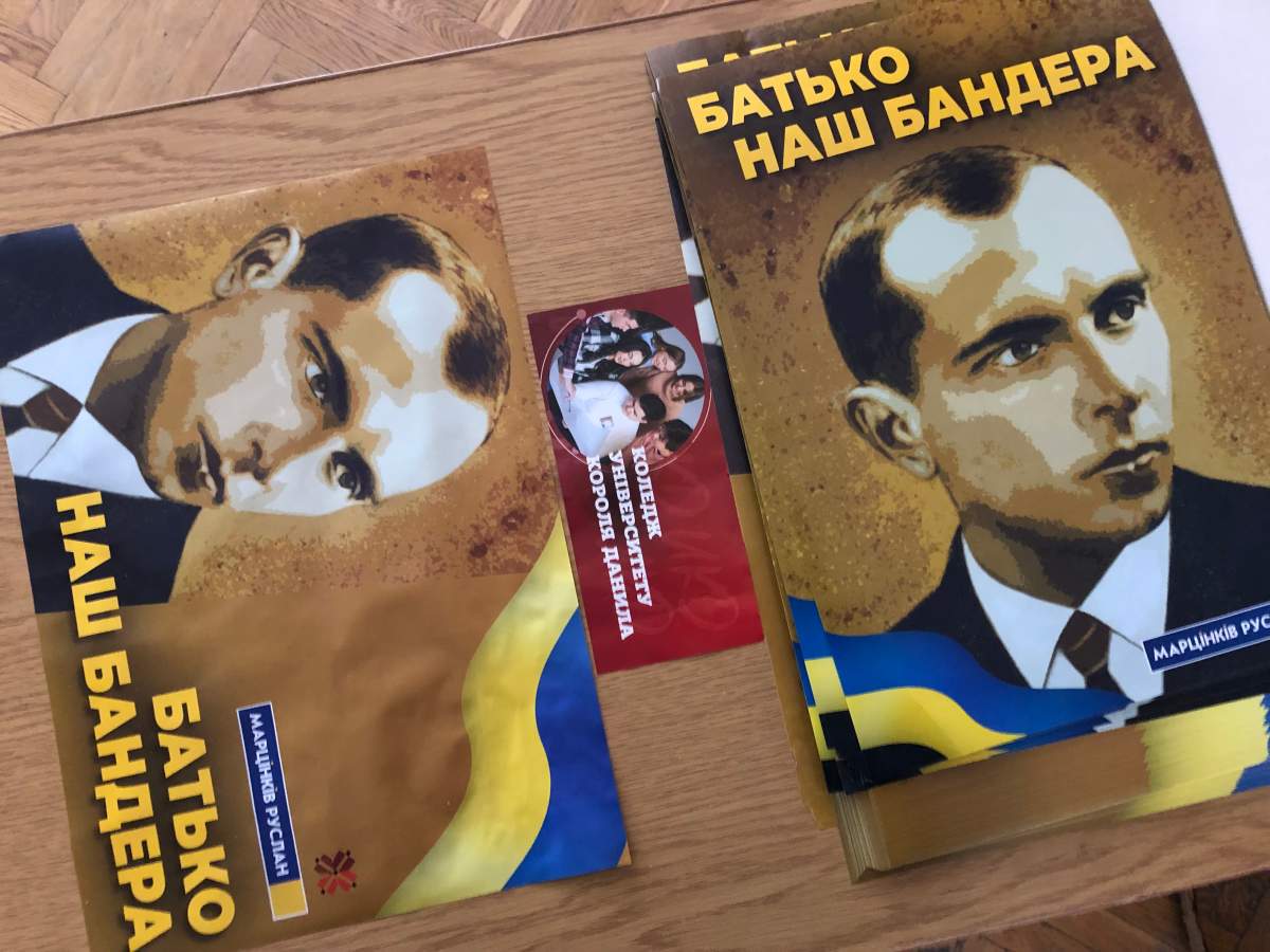 Poster of Stepan Bandera outside the mayor's office in Ivano-Frankivsk, Ukraine, March 11, 2022.