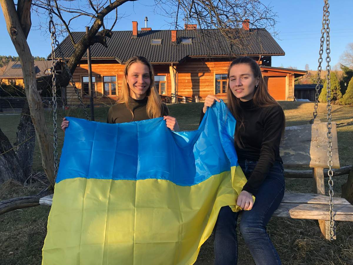 Tetiana Muzychuk, left, and Sofia Postolatii, interpreters for the Canadian Forces mission in Ukraine, in Ustrzyki-Dolne, Poland, March 23, 2022.