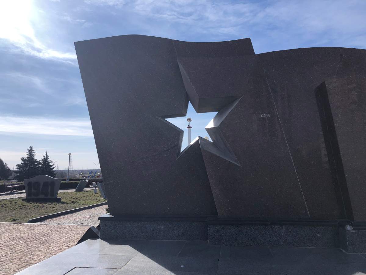 War monument in Yuzhnoukrainsk, home to Ukraine’s second-largest nuclear power plant.