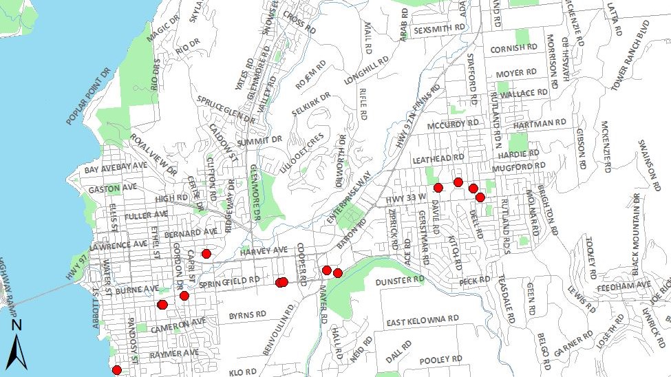 A map of Kelowna showing where some residential fire lockboxes were tampered with.