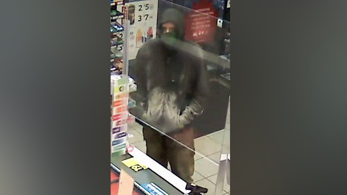 Surveillance footage from the Kelowna gas station of the robbery suspect.
