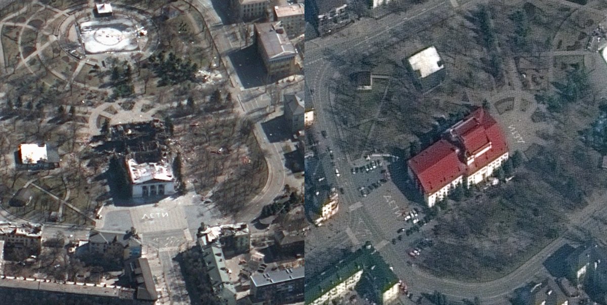 Nhà hát Mariupol trước và sau