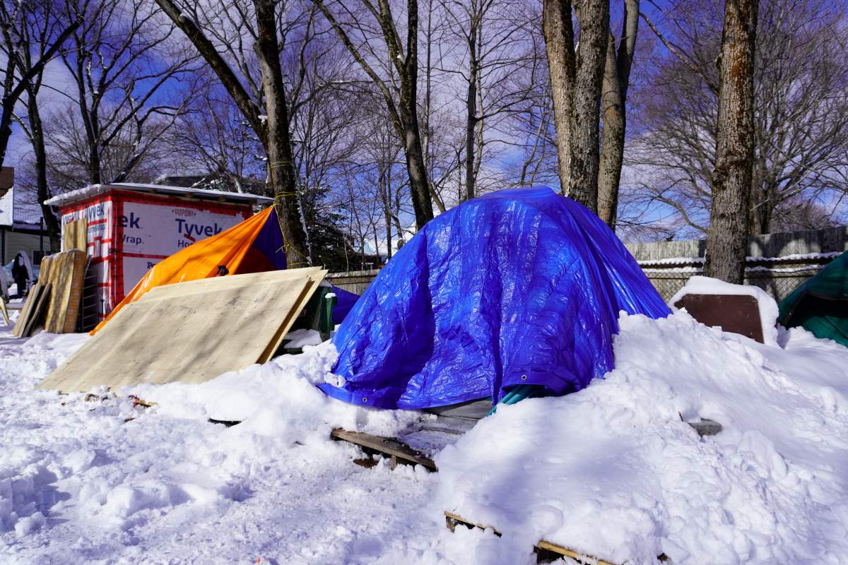 Tents and structures for unhoused residents living in People’s Park are seen March 4, 2022.
