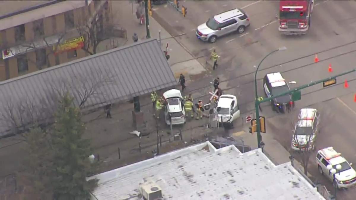 Three people were taken to hospital Thursday, March 31, 2022 after a three-vehicle collision in the area of 105 Street and 107 Avenue.