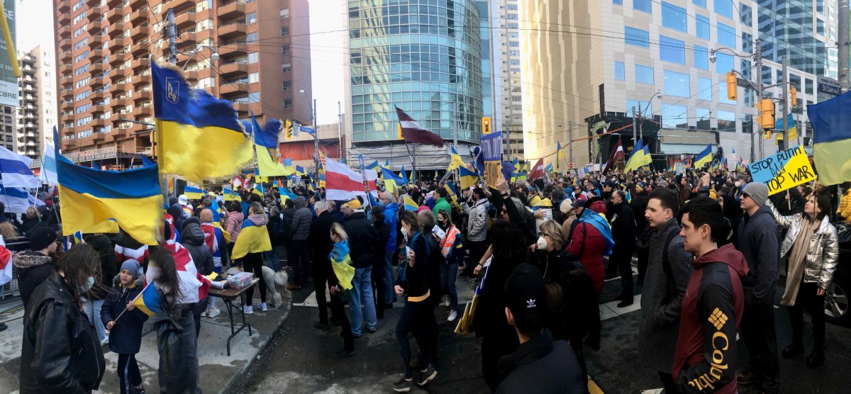 Hundreds turn out for a rally in solidarity with the people of Ukraine in Toronto on Sunday, March 6, 2022. 